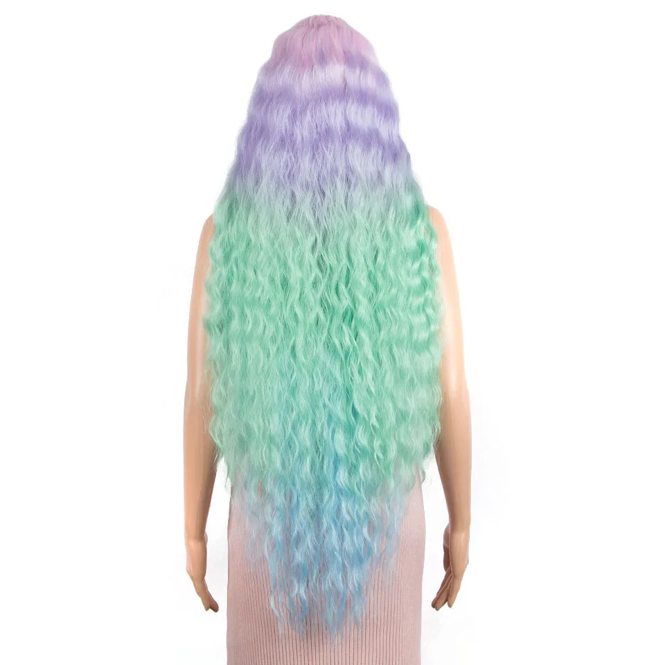 Synthetic Wigs Cosplay Loose Wave Hair Lace Front Wigs For Women Ombre Brown Water Wave 42 Inch Curly Hair Heat Resistant Wig
