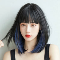 Ainizi 12'' Short bob Black Machine Made Elegant Fashion Synthetic Hair Wigs With Bangs for Women