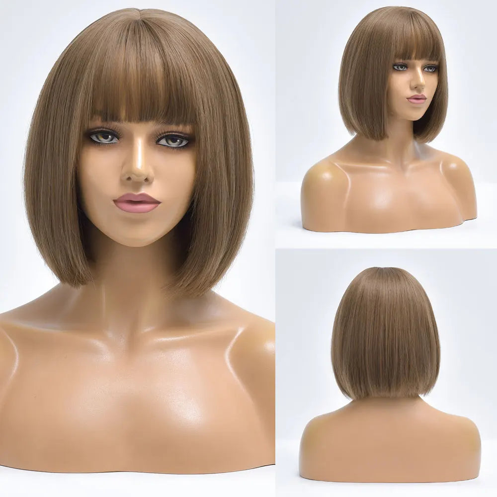 Ainizi 12'' Short bob Black Machine Made Elegant Fashion Synthetic Hair Wigs With Bangs for Women