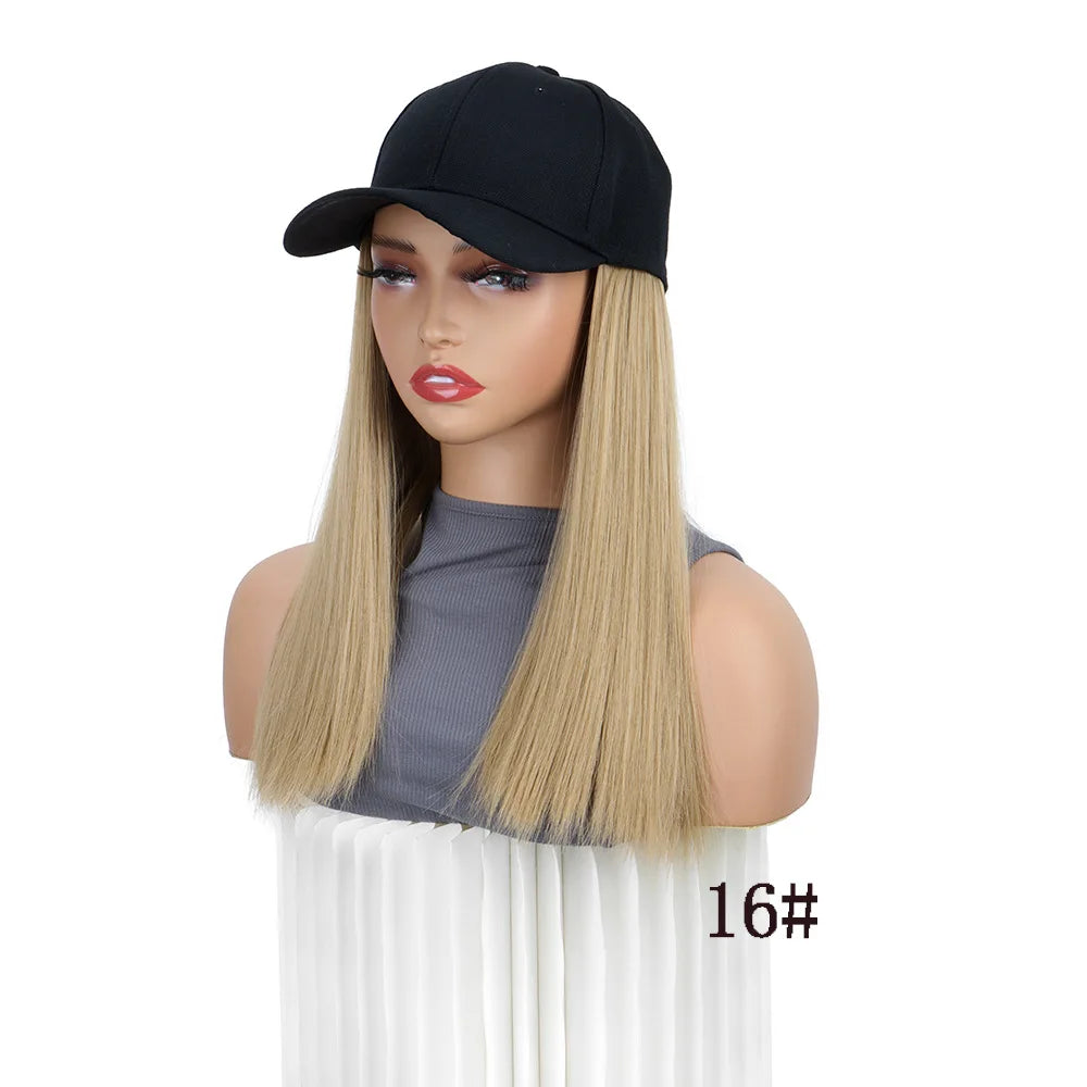 Women  Natural Looking Hat Wigs Short Straight 18inch Bob Hair Wig With Baseball Hat Heat Resistant Hair With Adjustable Hat