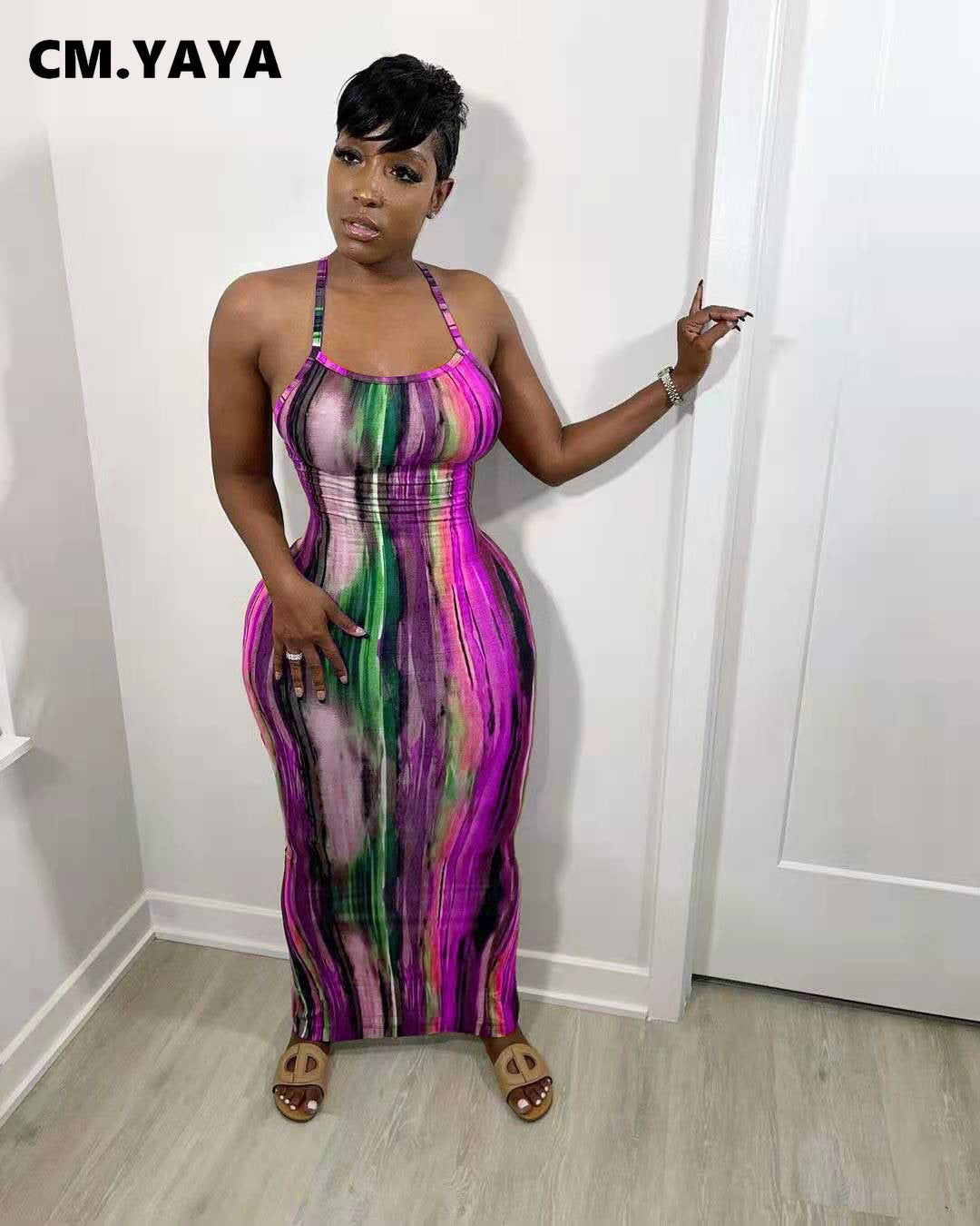 CM.YAYA Tie Dye Print Halter Open Back Maxi Dress Women Bodycon Sleeveless Splited Back Pencil Midi Long Dresses Summer 2021