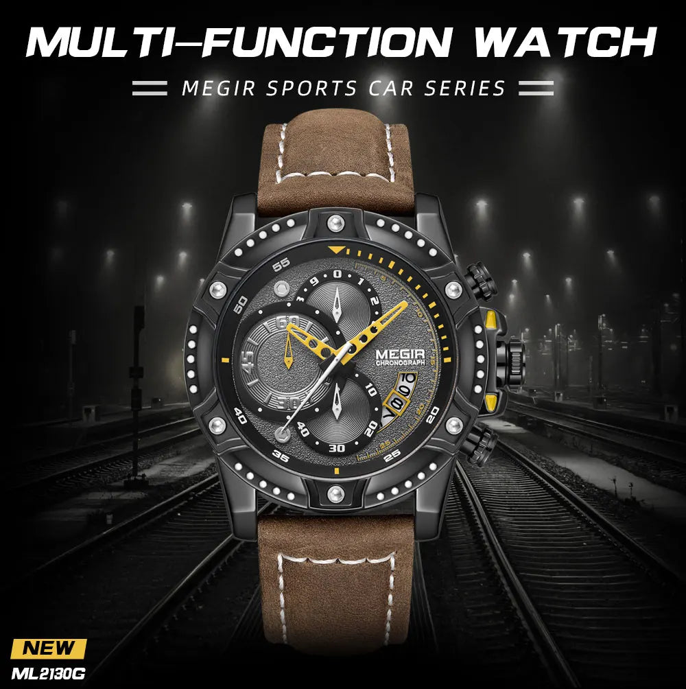 MEGIR Casual Watch Men Top Brand Luxury Chronograph Quartz Wristwatch Leather Strap Army Sport Watches Relogios Masculio 2130