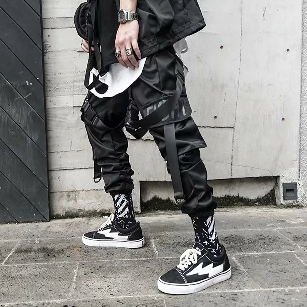 Joggers Cargo Pants for Men Casual Hip Hop Hit Color Pocket Male Trousers Sweatpants Streetwear Ribbons Techwear Pants