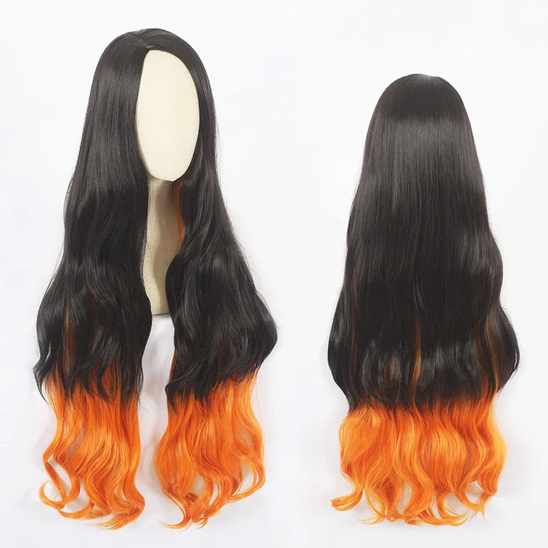 Wholesale 100cm Long Curly Black&Orange Mixed Demon Slayer Kamado Nezuko Wig Synthetic Anime Cosplay Wigs