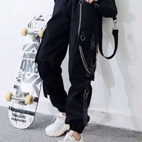 Women Cargo Pants 2023 Harem Pants Fashion Punk Pockets Jogger Trousers With Chain Harajuku Elastics High Waist Streetwear