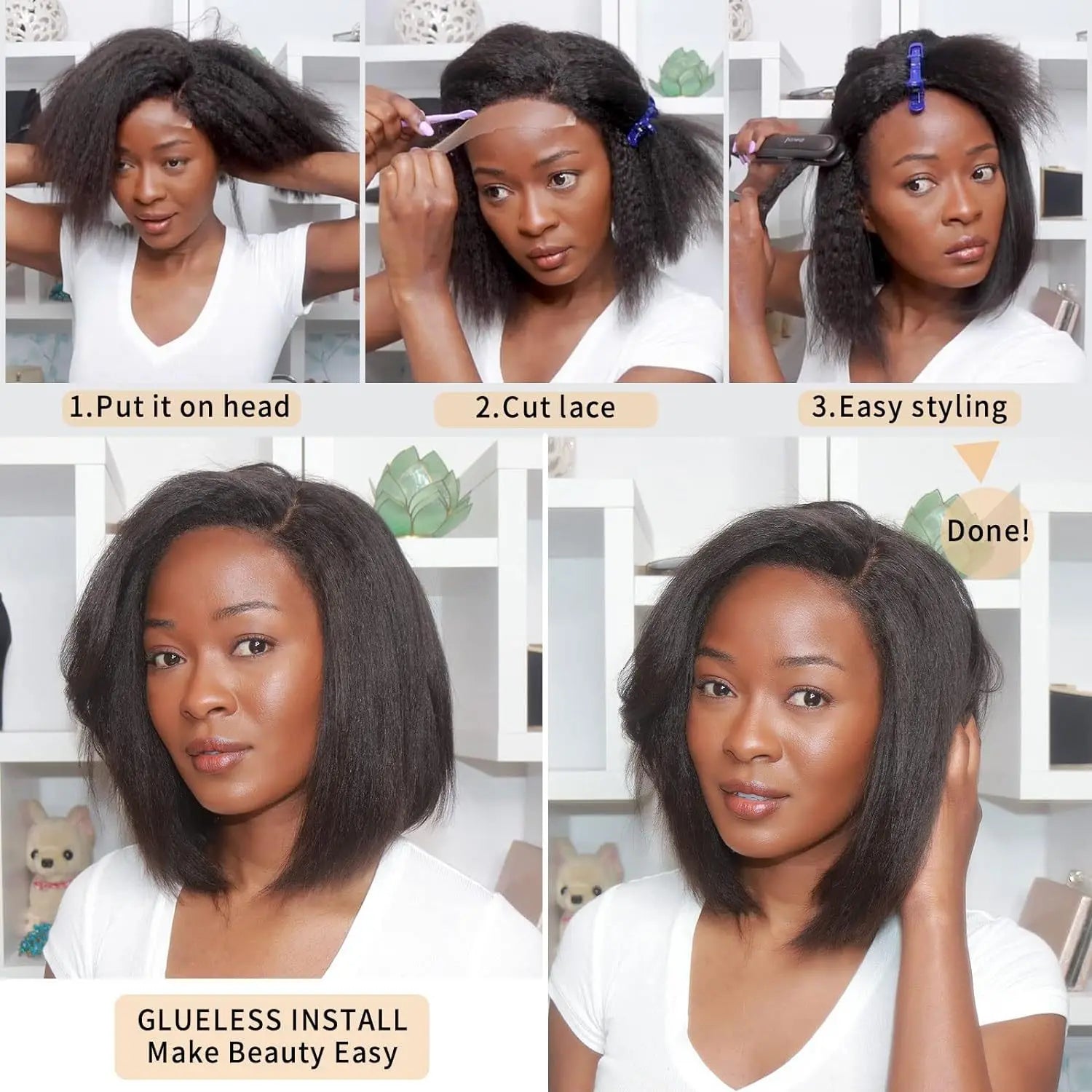 Factory Wholesale Yaki Kinky Straight Black Glueless Lace Front Short Synthetic Hair Wigs for Afro Black Women