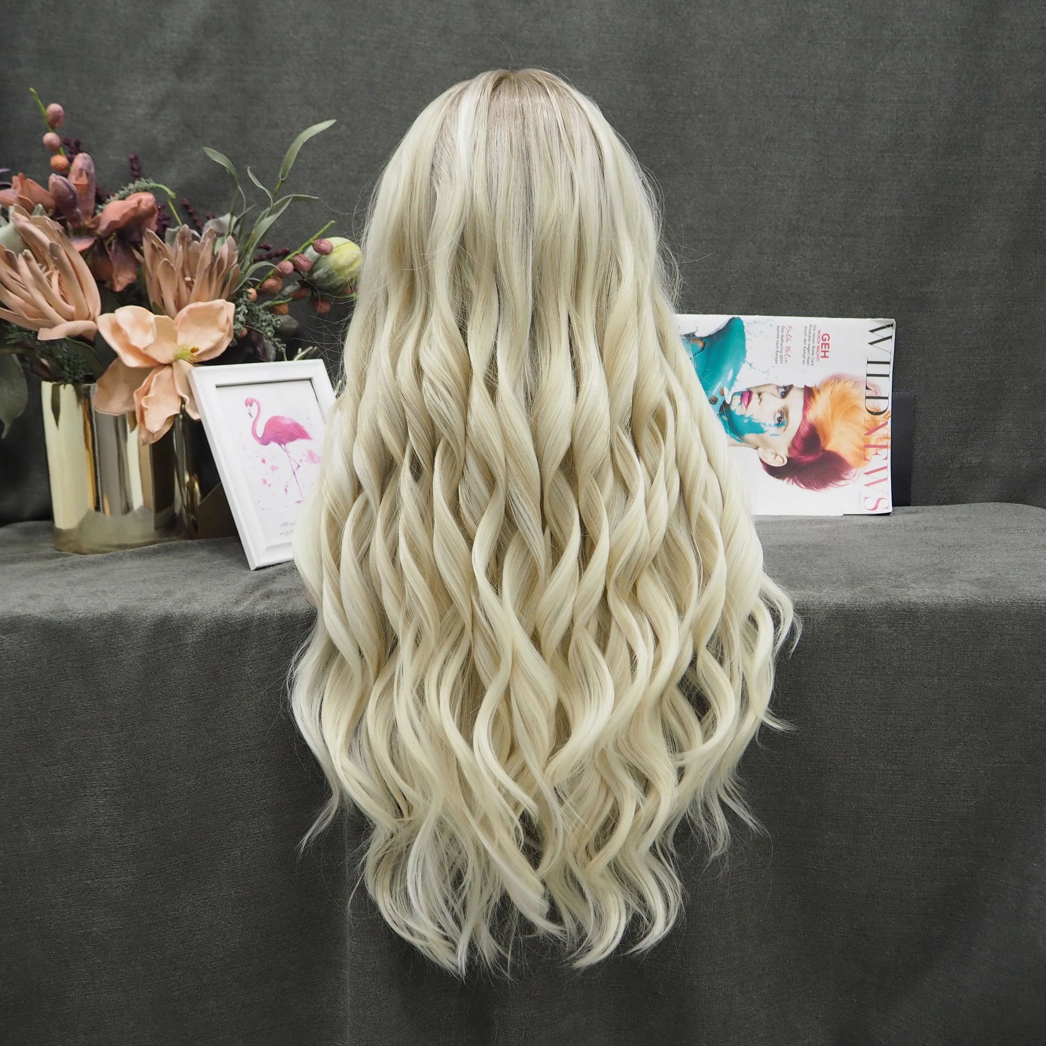 Ombre Ash Blond Premium Synthetic Wigs Wholesale Not Shiny Matte Luxury Heat Resistant Synthetic Lace Front Wig for Women