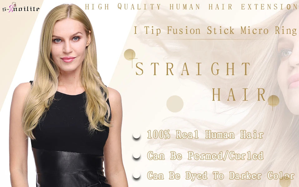S-noilite 50pcs I Tip Microlink Hair Extensions 1g/s Straight Human Hair Fusion Keratin Micro Ring Stick Hair Pre-Bond Blonde