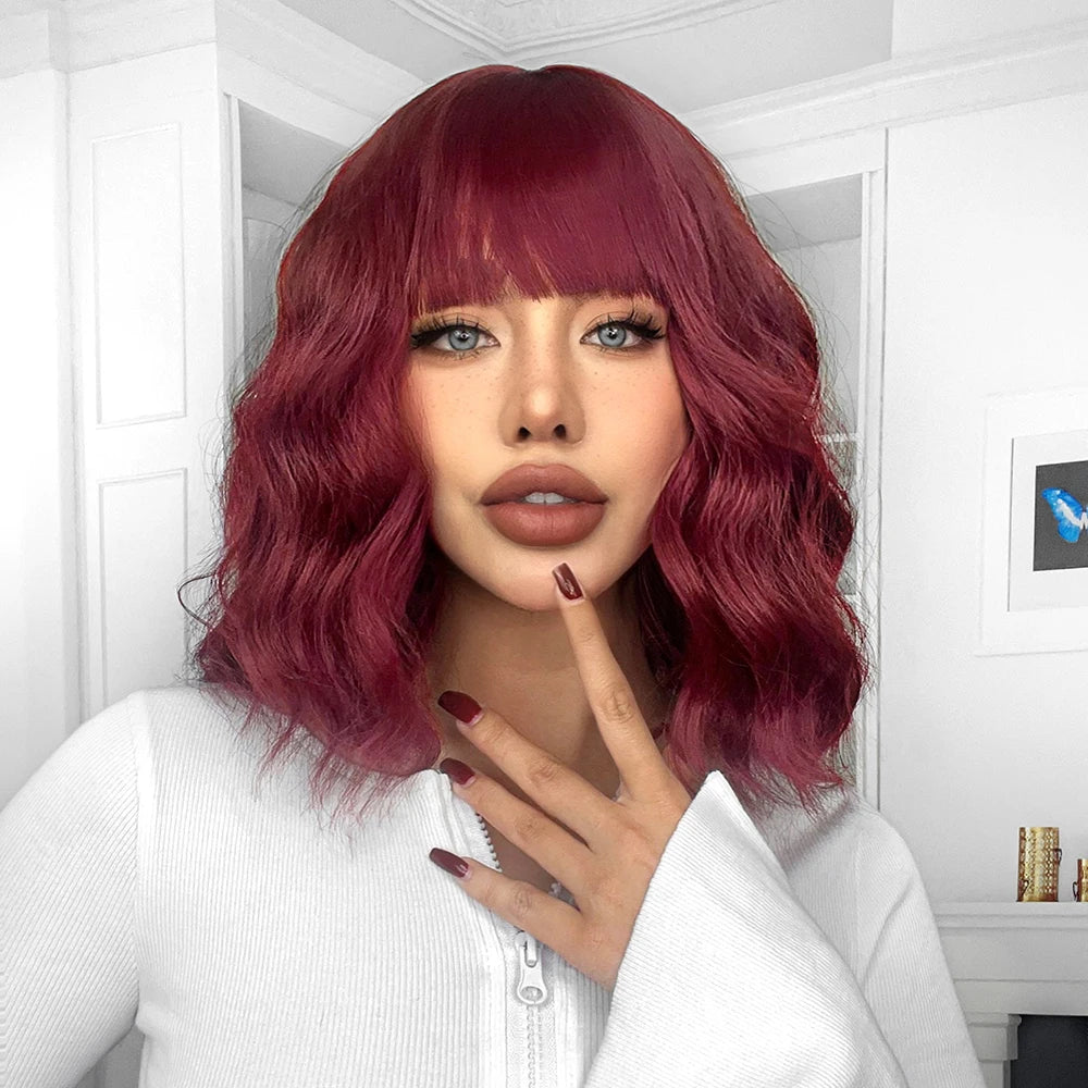 Ainizi Short Wave Daily Female Wigs Heat Resistant Ombre Brown Mixed Platinum High Density Machine Made Synthetic Wig with Bangs