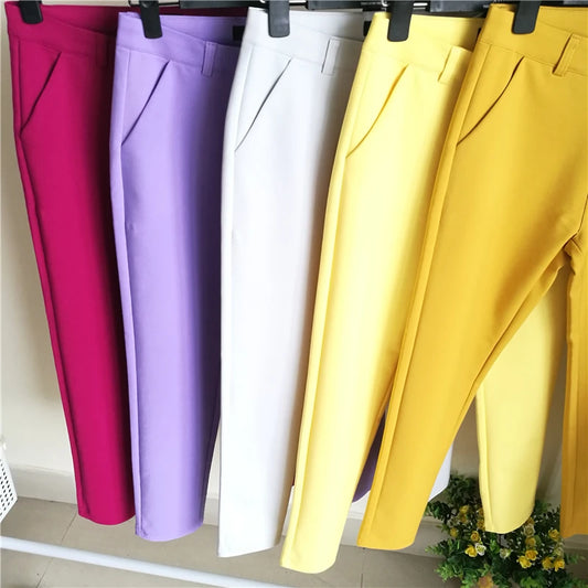 Fashion Streetwear Cute Candy Color Pencil Pants Women Stretch Cotton Slim Waist Straight Pantalones Casual Office Work Trousers