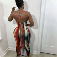 CM.YAYA Tie Dye Print Halter Open Back Maxi Dress Women Bodycon Sleeveless Splited Back Pencil Midi Long Dresses Summer 2021