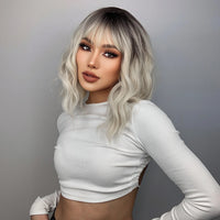 Ainizi Short Wave Daily Female Wigs Heat Resistant Ombre Brown Mixed Platinum High Density Machine Made Synthetic Wig with Bangs