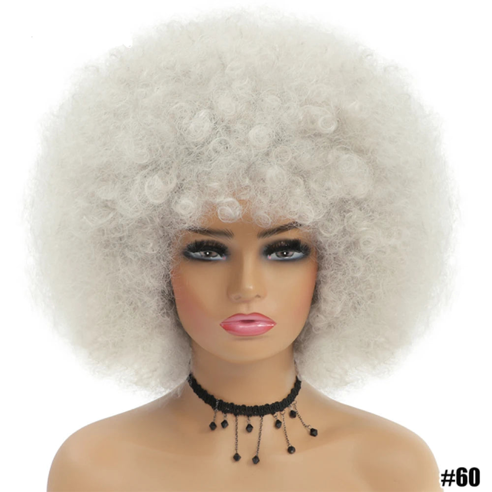 Short Hair Afro Kinky Curly Wigs With Bangs for Black Women African Synthetic Ombre Glueless Cosplay Natural Blonde Red Blue Wig