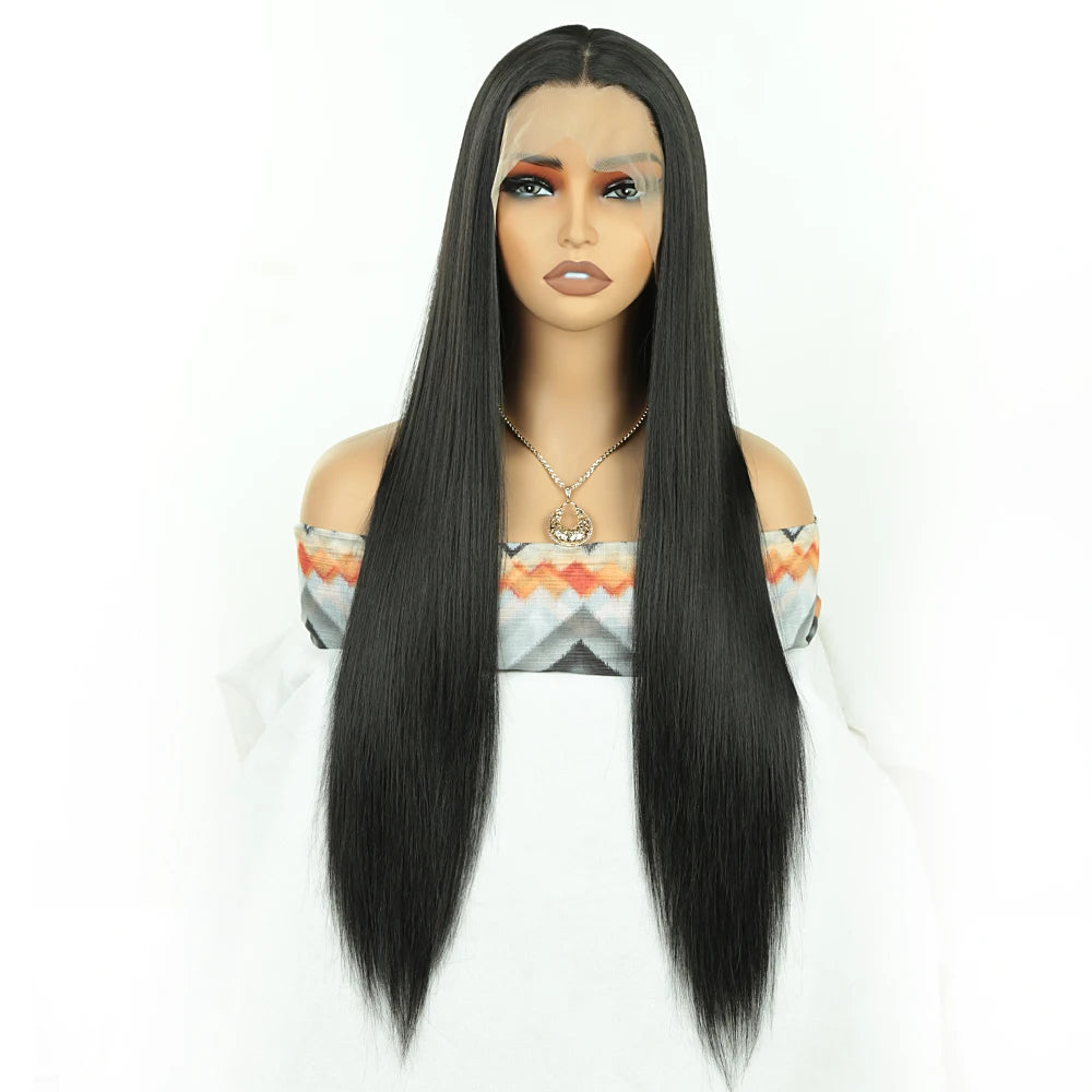 Wholesale High Temperature Fiber 30 Inches Long Straight Lace Wigs for Women Chocolate Brown Synthetic Lace Front Wigs