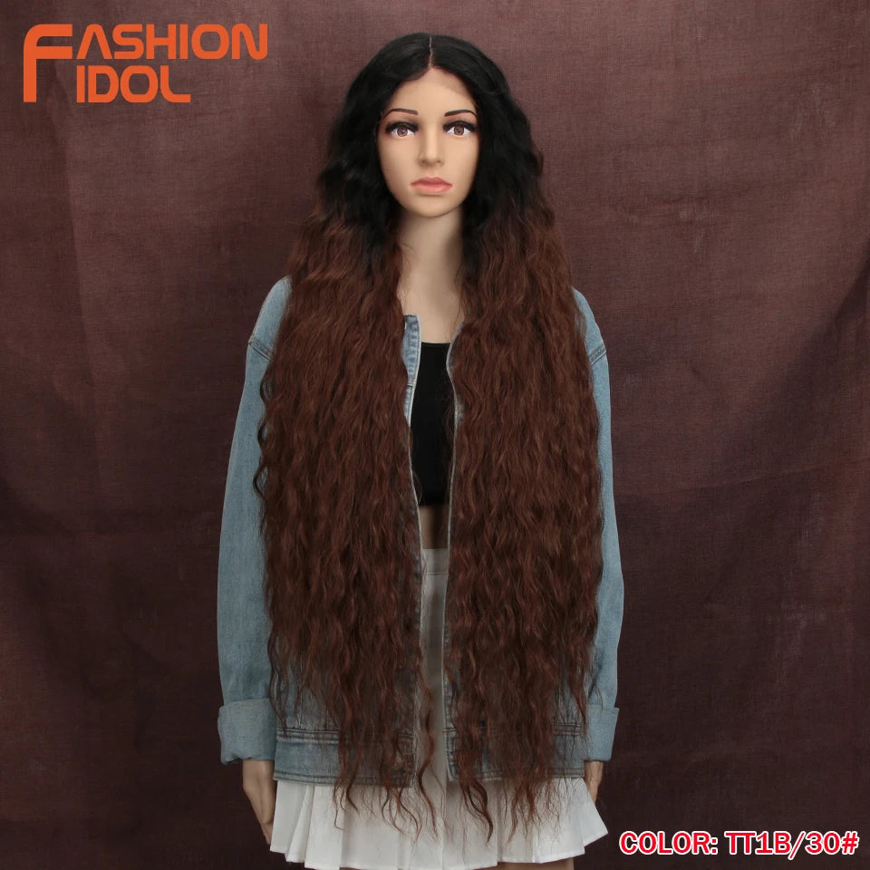 Synthetic Wigs Cosplay Loose Wave Hair Lace Front Wigs For Women Ombre Brown Water Wave 42 Inch Curly Hair Heat Resistant Wig