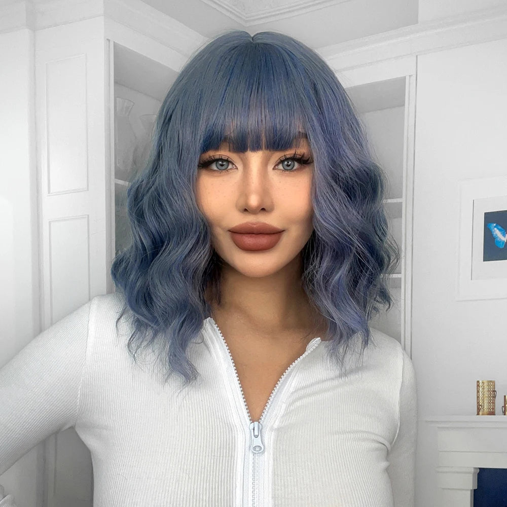 Ainizi Short Wave Daily Female Wigs Heat Resistant Ombre Brown Mixed Platinum High Density Machine Made Synthetic Wig with Bangs