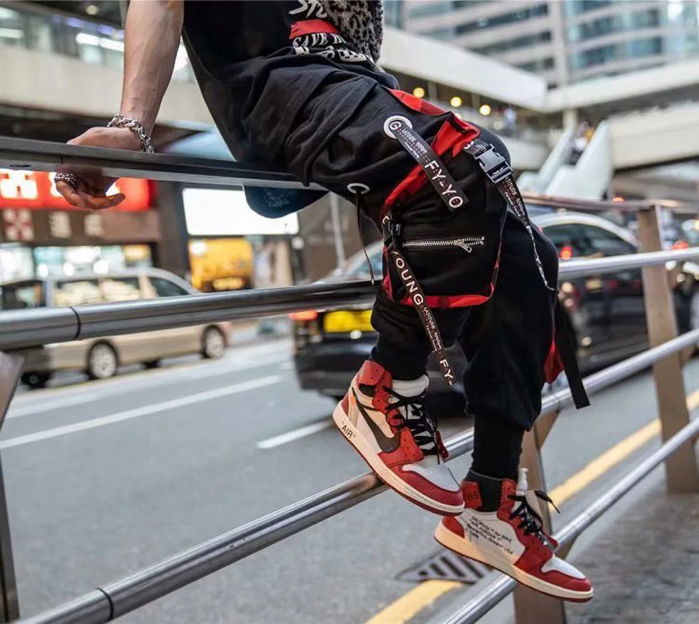Joggers Cargo Pants for Men Casual Hip Hop Hit Color Pocket Male Trousers Sweatpants Streetwear Ribbons Techwear Pants