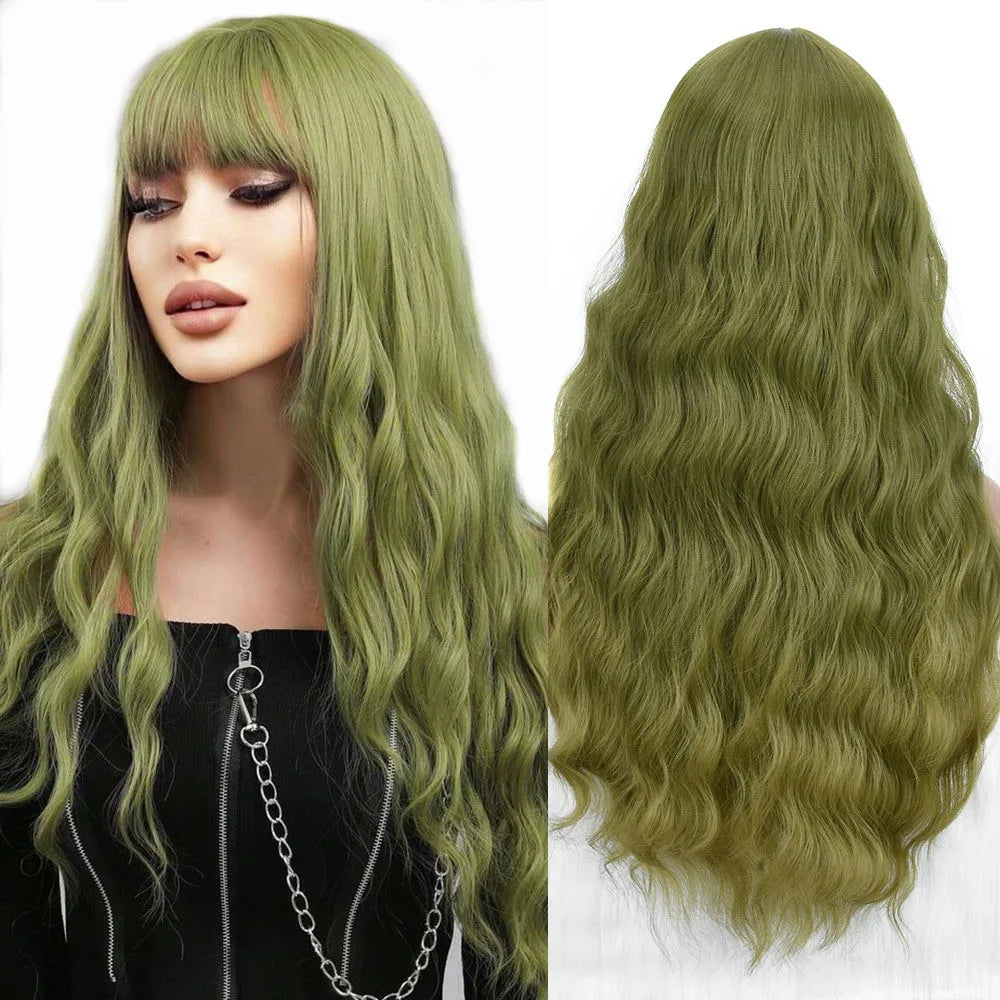 Wholesale Machine Made 28 Inch Long Natural Wave High Temperature Synthetic Hair Wigs 150% Density Unique Color Bangs Wig