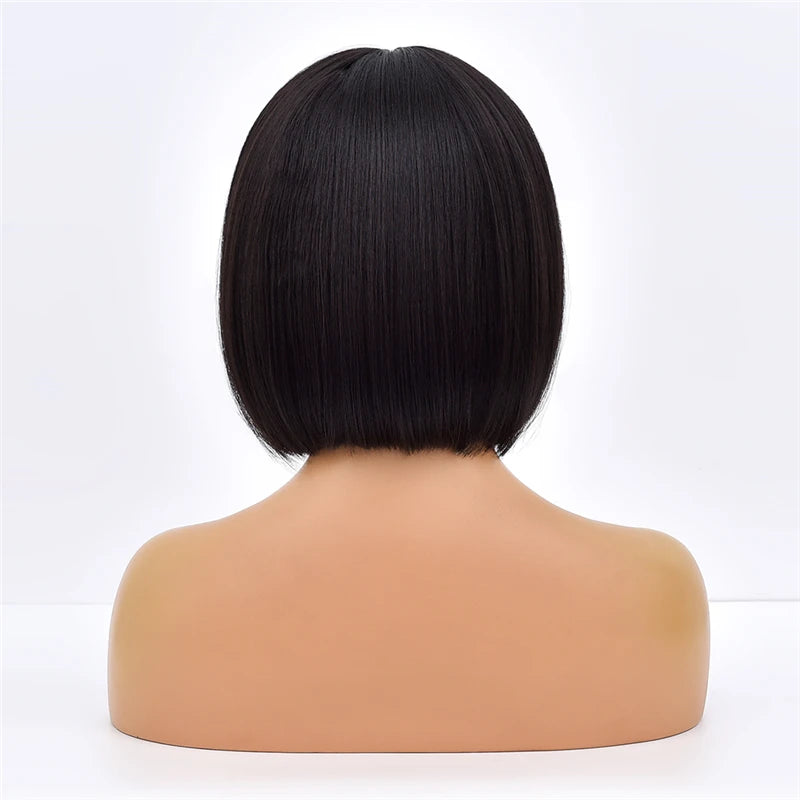 Ainizi 12'' Short bob Black Machine Made Elegant Fashion Synthetic Hair Wigs With Bangs for Women
