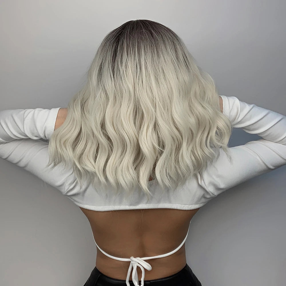 Ainizi Short Wave Daily Female Wigs Heat Resistant Ombre Brown Mixed Platinum High Density Machine Made Synthetic Wig with Bangs