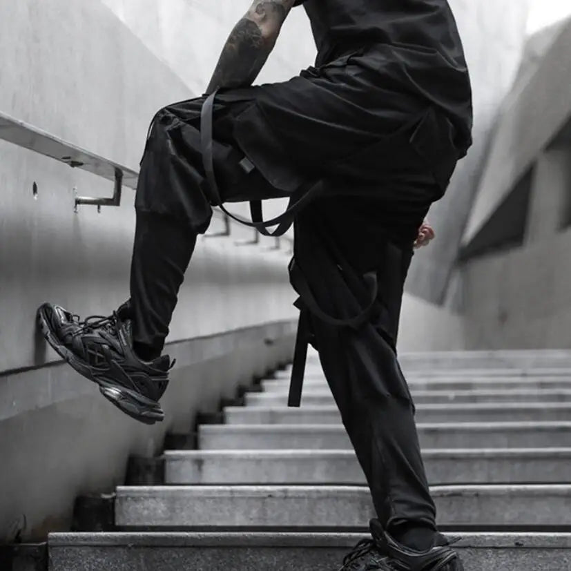 2021 Mens casual ribbons techwear cargo pants with many pockets man harajuku vintage punk harem pants hip hop trousers