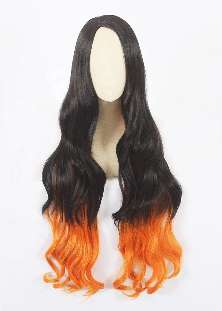 Wholesale 100cm Long Curly Black&Orange Mixed Demon Slayer Kamado Nezuko Wig Synthetic Anime Cosplay Wigs