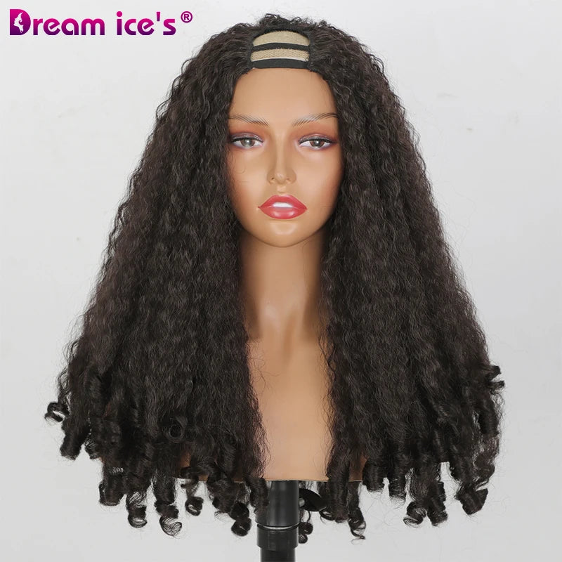 24inch U Part Synthetic Braided Hair Wig for Black Women Long Texture with Unique Curls Heat Resistant Hair Wig Clip in Half Wig
