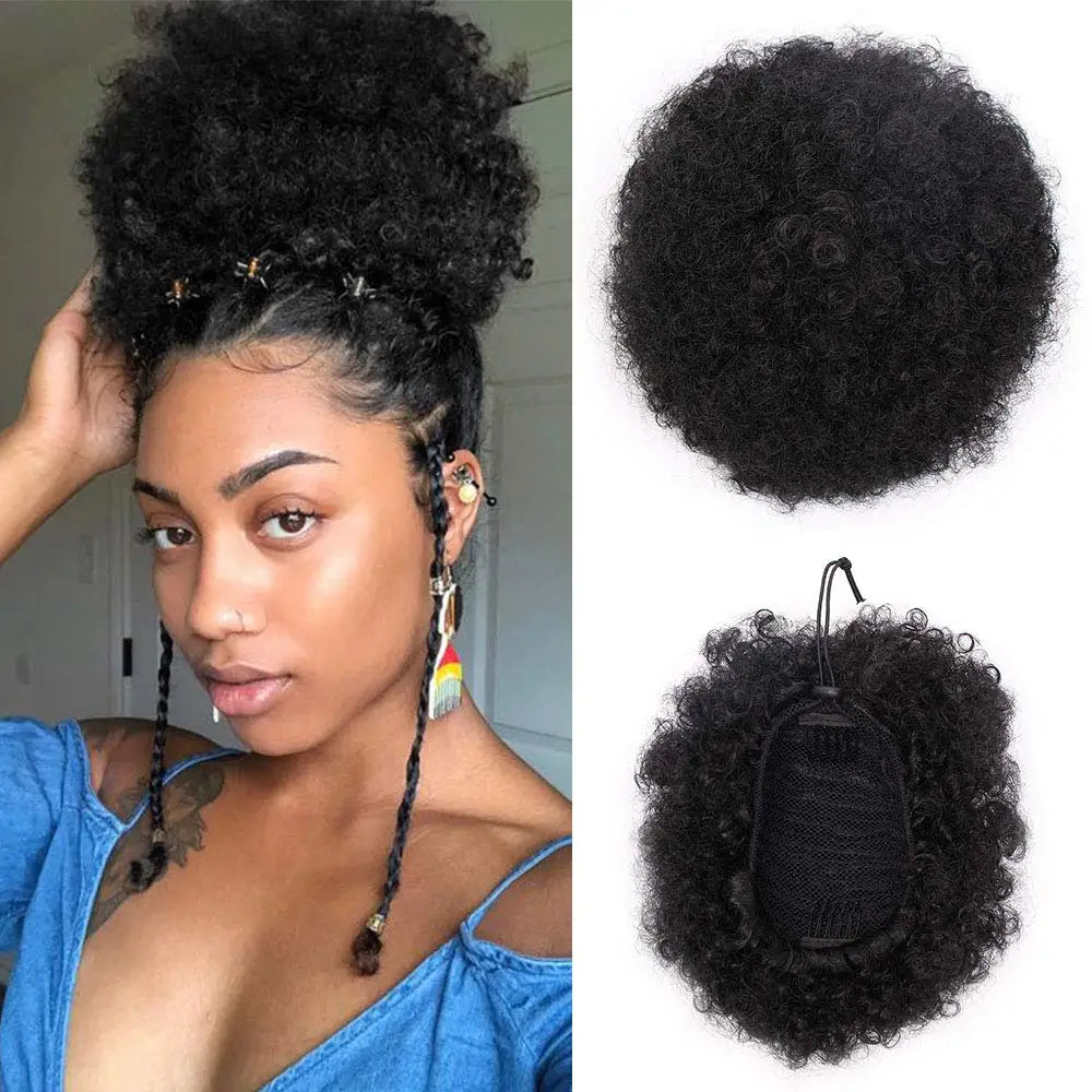 Fujia Synthetic Curly Hair Ponytail African American Short Afro Kinky Curly Wrap Drawstring Puff Ponytail Hair Extensions Wig