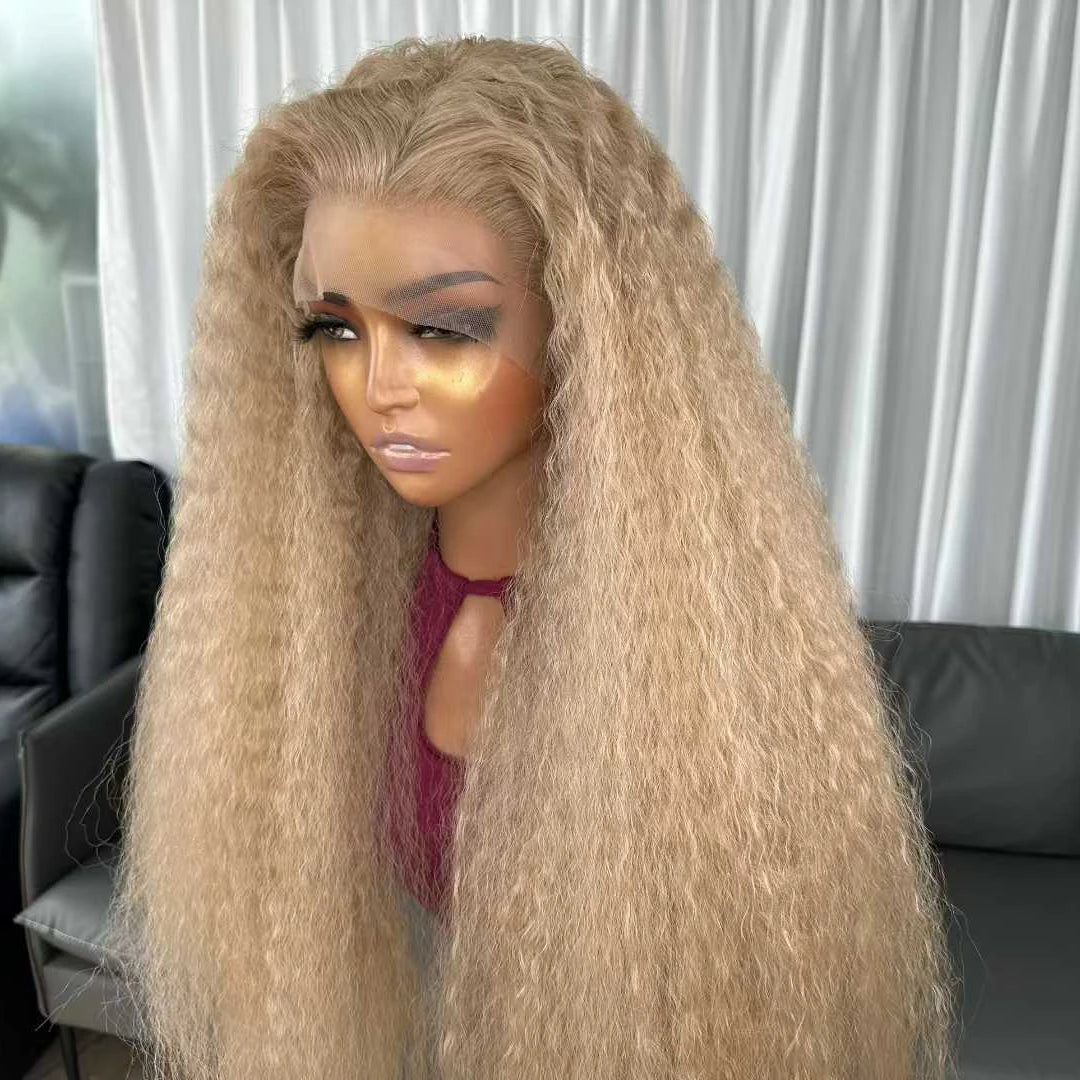 Hot Selling Pre Plucked Hairline 613# Kinky Straight Heat Resistant Glueless Synthetic Lacefront Wig for Black Womens Daily Use