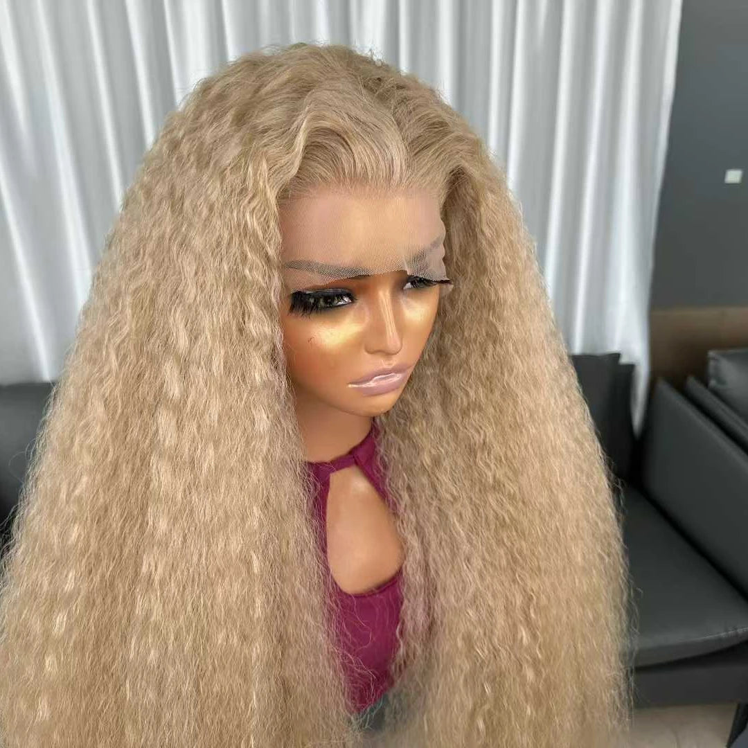 Hot Selling Pre Plucked Hairline 613# Kinky Straight Heat Resistant Glueless Synthetic Lacefront Wig for Black Womens Daily Use