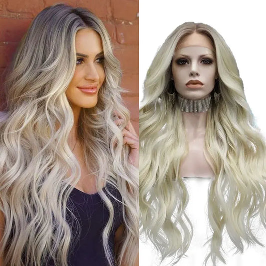 Ombre Ash Blond Premium Synthetic Wigs Wholesale Not Shiny Matte Luxury Heat Resistant Synthetic Lace Front Wig for Women