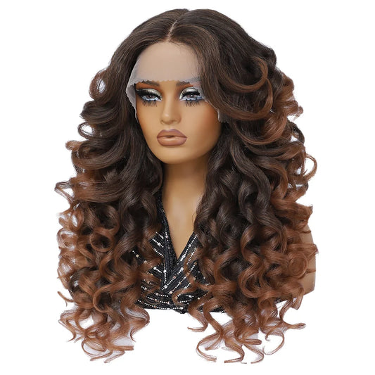 Wholesale Mixed Color HD Frontal Lace Synthetic Hair Wigs Curly Wave Black Brown for Daily Use for Black Women