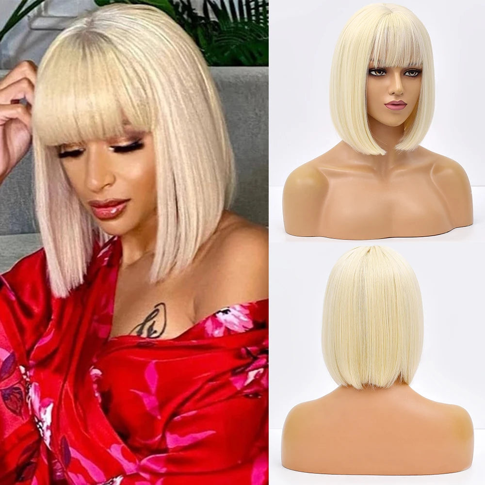 Ainizi 12'' Short bob Black Machine Made Elegant Fashion Synthetic Hair Wigs With Bangs for Women