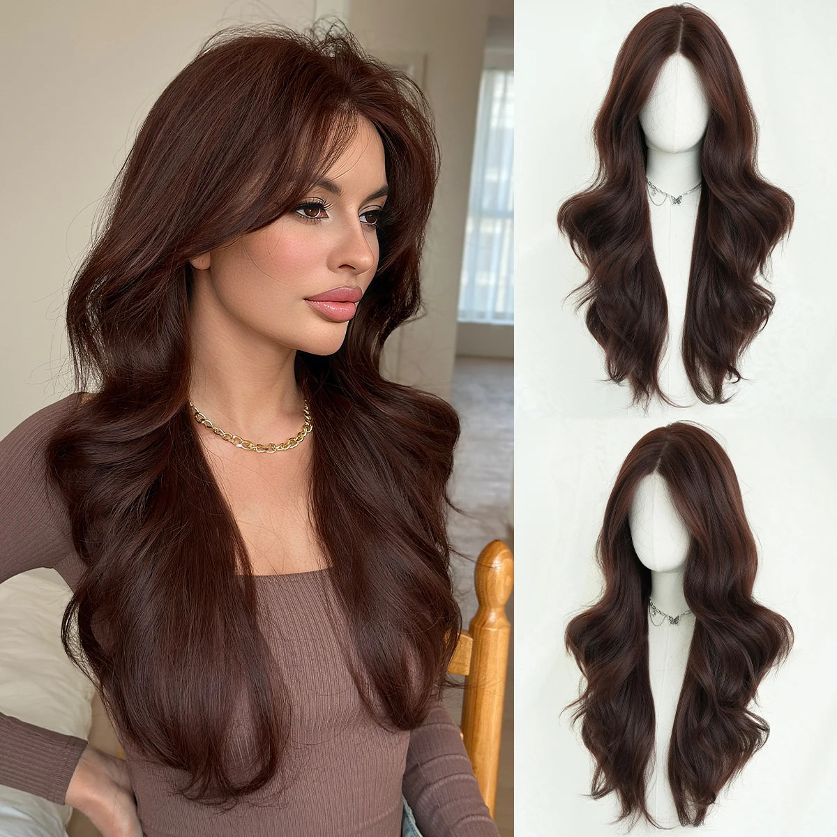 Monotop U Lace Long Straight Layered Wig for Women 26 Inches Friendly Heat Resistant Synthetic Burgundy Wig Natural Hairline