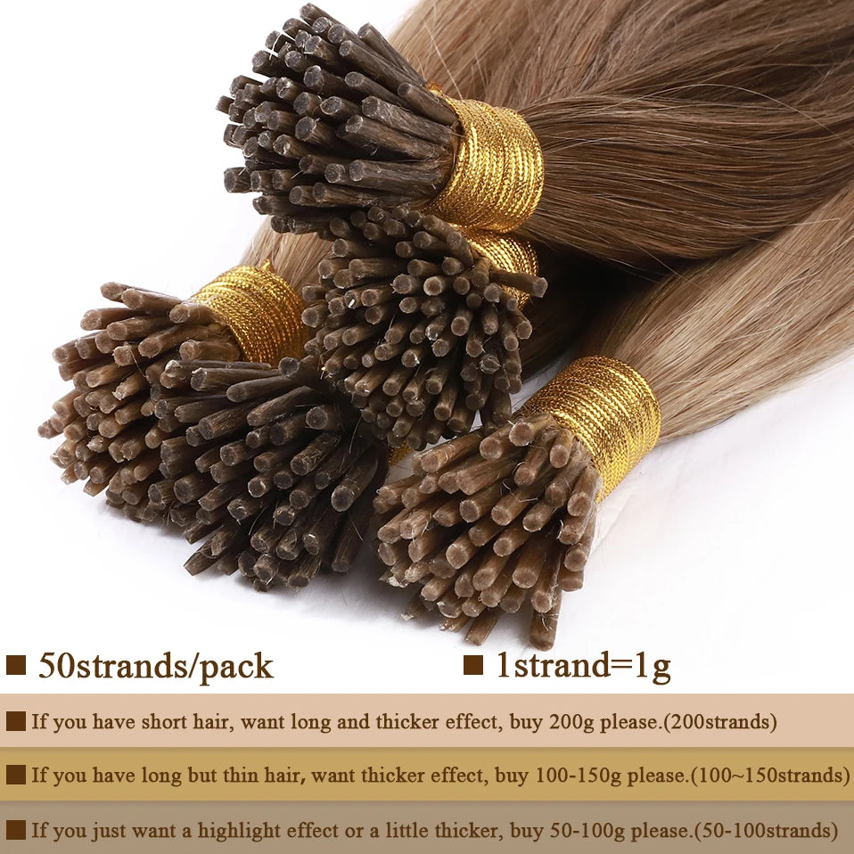 S-noilite 50pcs I Tip Microlink Hair Extensions 1g/s Straight Human Hair Fusion Keratin Micro Ring Stick Hair Pre-Bond Blonde