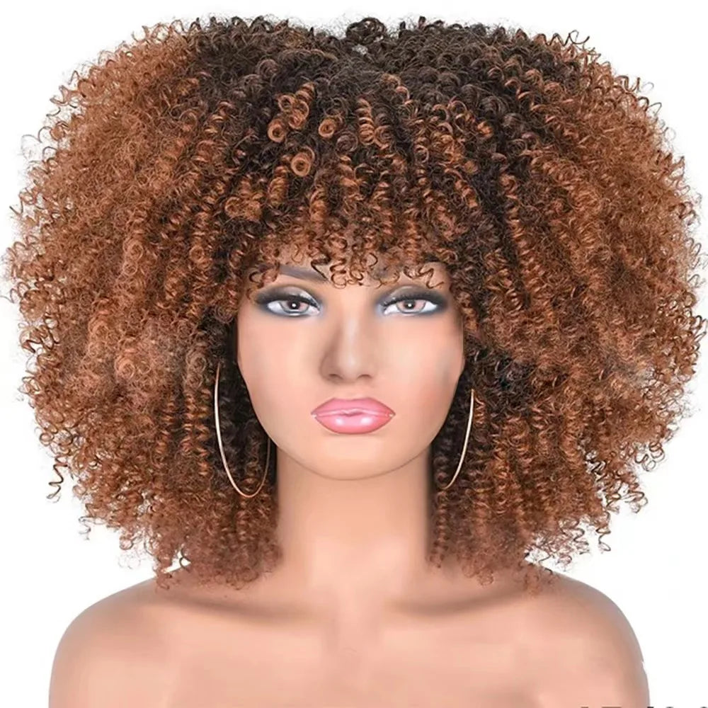 Afro Kinky Curly Wigs With Bangs for Black Women High Temperature African Synthetic Ombre Glueless Cosplay Wigs