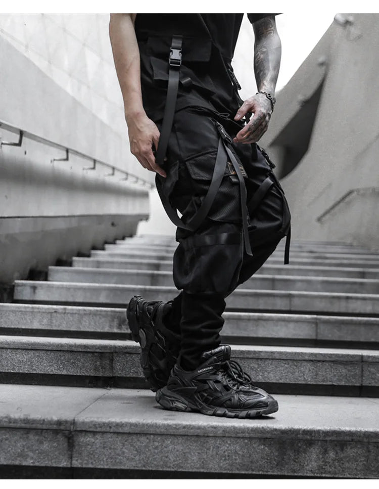 2021 Mens casual ribbons techwear cargo pants with many pockets man harajuku vintage punk harem pants hip hop trousers
