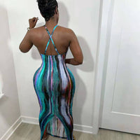 CM.YAYA Tie Dye Print Halter Open Back Maxi Dress Women Bodycon Sleeveless Splited Back Pencil Midi Long Dresses Summer 2021