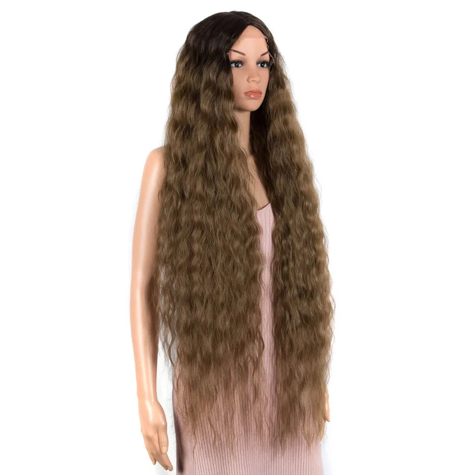 Synthetic Wigs Cosplay Loose Wave Hair Lace Front Wigs For Women Ombre Brown Water Wave 42 Inch Curly Hair Heat Resistant Wig