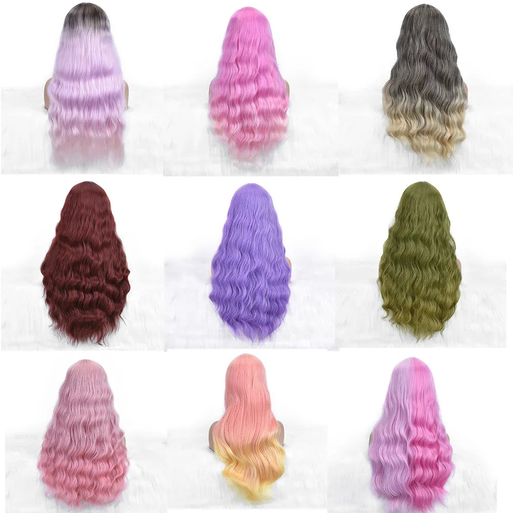 Wholesale Machine Made 28 Inch Long Natural Wave High Temperature Synthetic Hair Wigs 150% Density Unique Color Bangs Wig