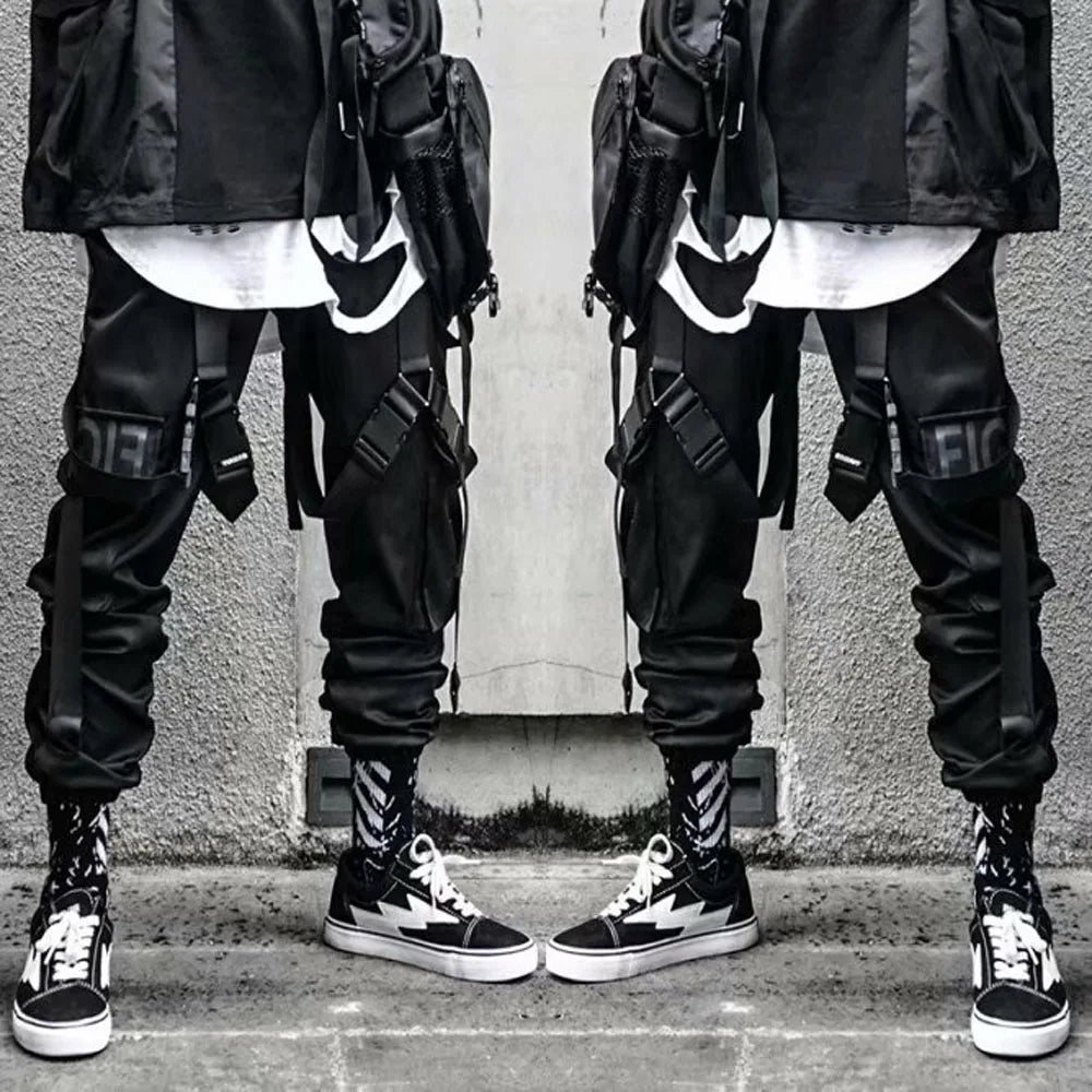 Joggers Cargo Pants for Men Casual Hip Hop Hit Color Pocket Male Trousers Sweatpants Streetwear Ribbons Techwear Pants