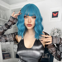 Ainizi Short Wave Daily Female Wigs Heat Resistant Ombre Brown Mixed Platinum High Density Machine Made Synthetic Wig with Bangs