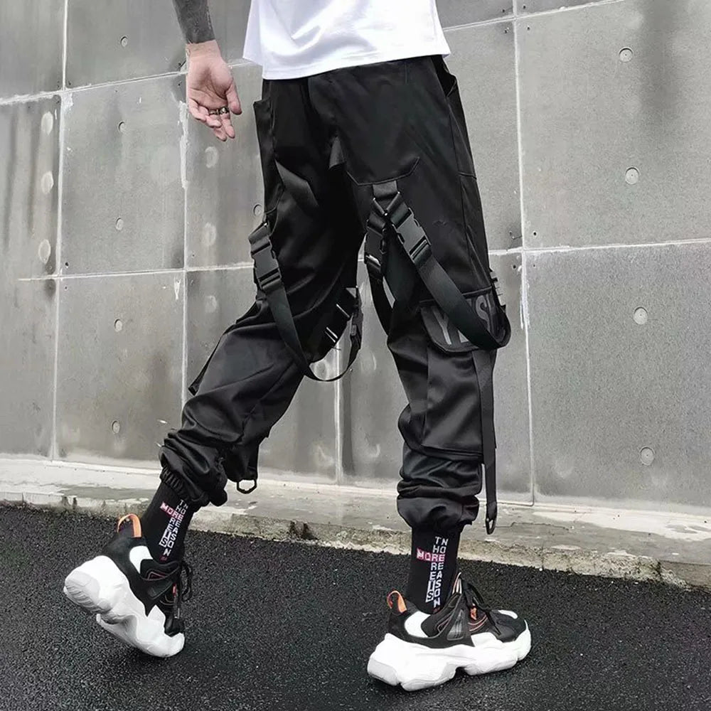 Joggers Cargo Pants for Men Casual Hip Hop Hit Color Pocket Male Trousers Sweatpants Streetwear Ribbons Techwear Pants