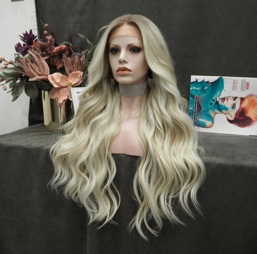 Ombre Ash Blond Premium Synthetic Wigs Wholesale Not Shiny Matte Luxury Heat Resistant Synthetic Lace Front Wig for Women