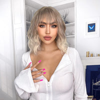 Ainizi Short Wave Daily Female Wigs Heat Resistant Ombre Brown Mixed Platinum High Density Machine Made Synthetic Wig with Bangs