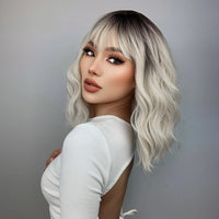 Ainizi Short Wave Daily Female Wigs Heat Resistant Ombre Brown Mixed Platinum High Density Machine Made Synthetic Wig with Bangs