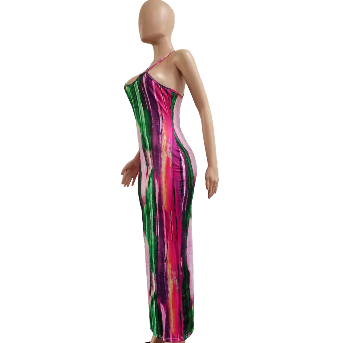 CM.YAYA Tie Dye Print Halter Open Back Maxi Dress Women Bodycon Sleeveless Splited Back Pencil Midi Long Dresses Summer 2021