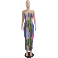 CM.YAYA Tie Dye Print Halter Open Back Maxi Dress Women Bodycon Sleeveless Splited Back Pencil Midi Long Dresses Summer 2021
