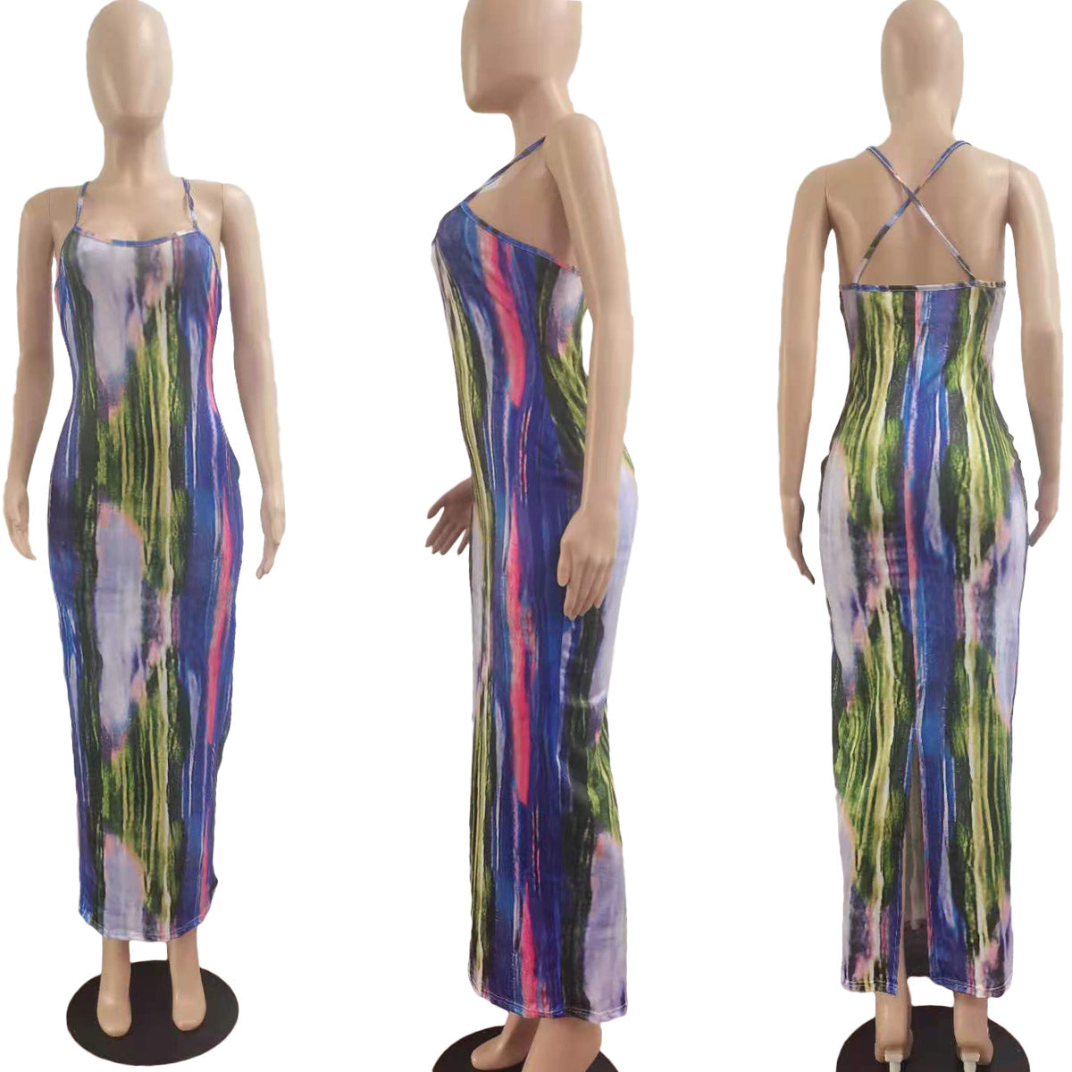 CM.YAYA Tie Dye Print Halter Open Back Maxi Dress Women Bodycon Sleeveless Splited Back Pencil Midi Long Dresses Summer 2021