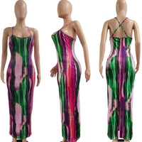 CM.YAYA Tie Dye Print Halter Open Back Maxi Dress Women Bodycon Sleeveless Splited Back Pencil Midi Long Dresses Summer 2021